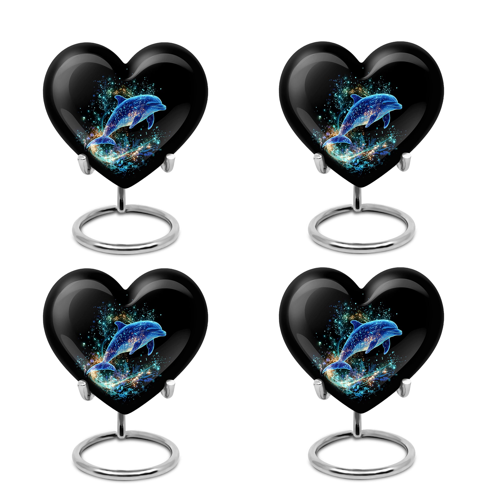Rich Black Dolphin Cremation Urn angled view of lid and engraved motif - heart-shaped dolphin design symbolizing eternal love - 10 inch aluminum urn for cremated remains