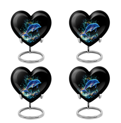 Rich Black Dolphin Cremation Urn angled view of lid and engraved motif - heart-shaped dolphin design symbolizing eternal love - 10 inch aluminum urn for cremated remains