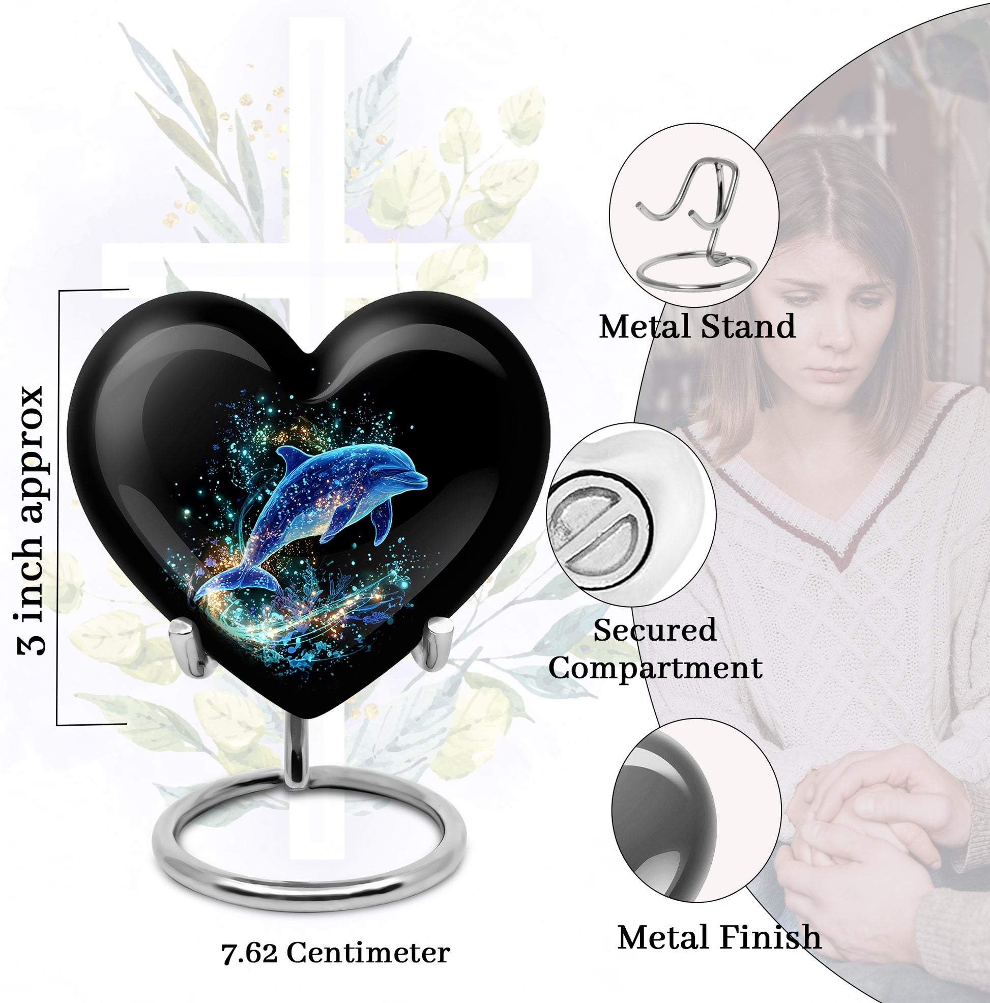 Deep Black Dolphin Cremation Urn front view showing detailed design - loving heart memorial featuring dolphin pattern - mini keepsake memorial for portion of cremation ashes
