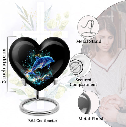 Deep Black Dolphin Cremation Urn front view showing detailed design - loving heart memorial featuring dolphin pattern - mini keepsake memorial for portion of cremation ashes