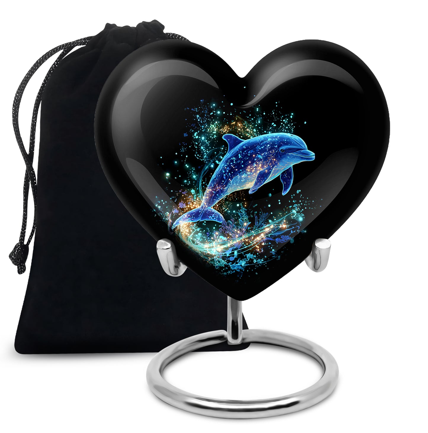 Ebony Dolphin Cremation Urn detail view - loving heart memorial featuring dolphin pattern - full-size 10 inch 200 cubic inch adult cremation urn