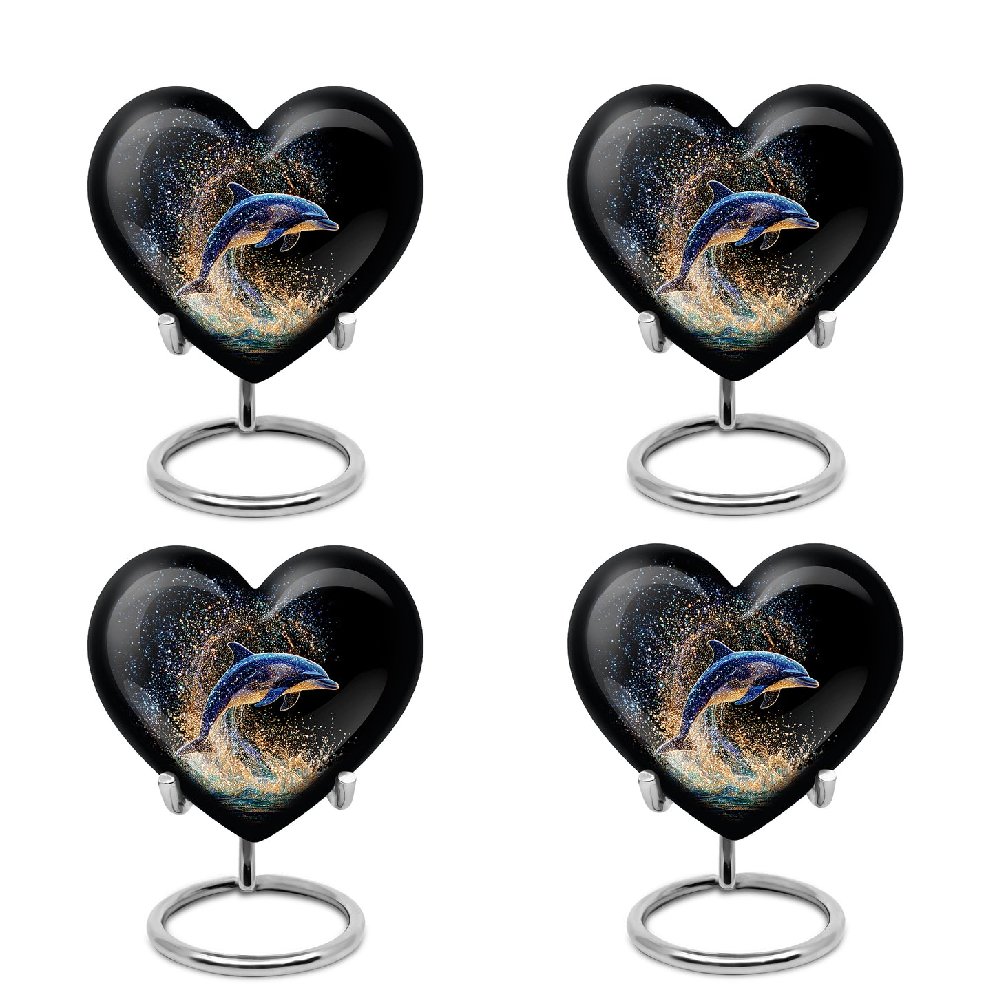 Midnight Black Dolphin Cremation Urn angled view of lid and engraved motif - romantic heart urn with dolphin motif on aluminum - 10 inch aluminum urn for cremated remains