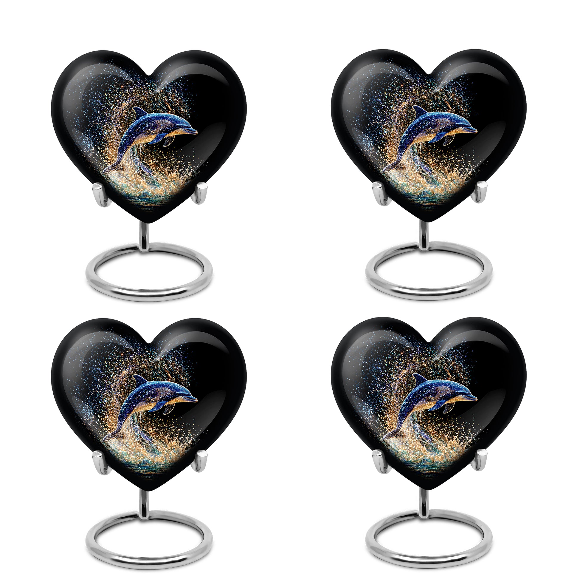 Midnight Black Dolphin Cremation Urn angled view of lid and engraved motif - romantic heart urn with dolphin motif on aluminum - 10 inch aluminum urn for cremated remains