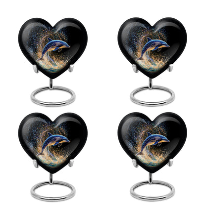 Midnight Black Dolphin Cremation Urn angled view of lid and engraved motif - romantic heart urn with dolphin motif on aluminum - 10 inch aluminum urn for cremated remains