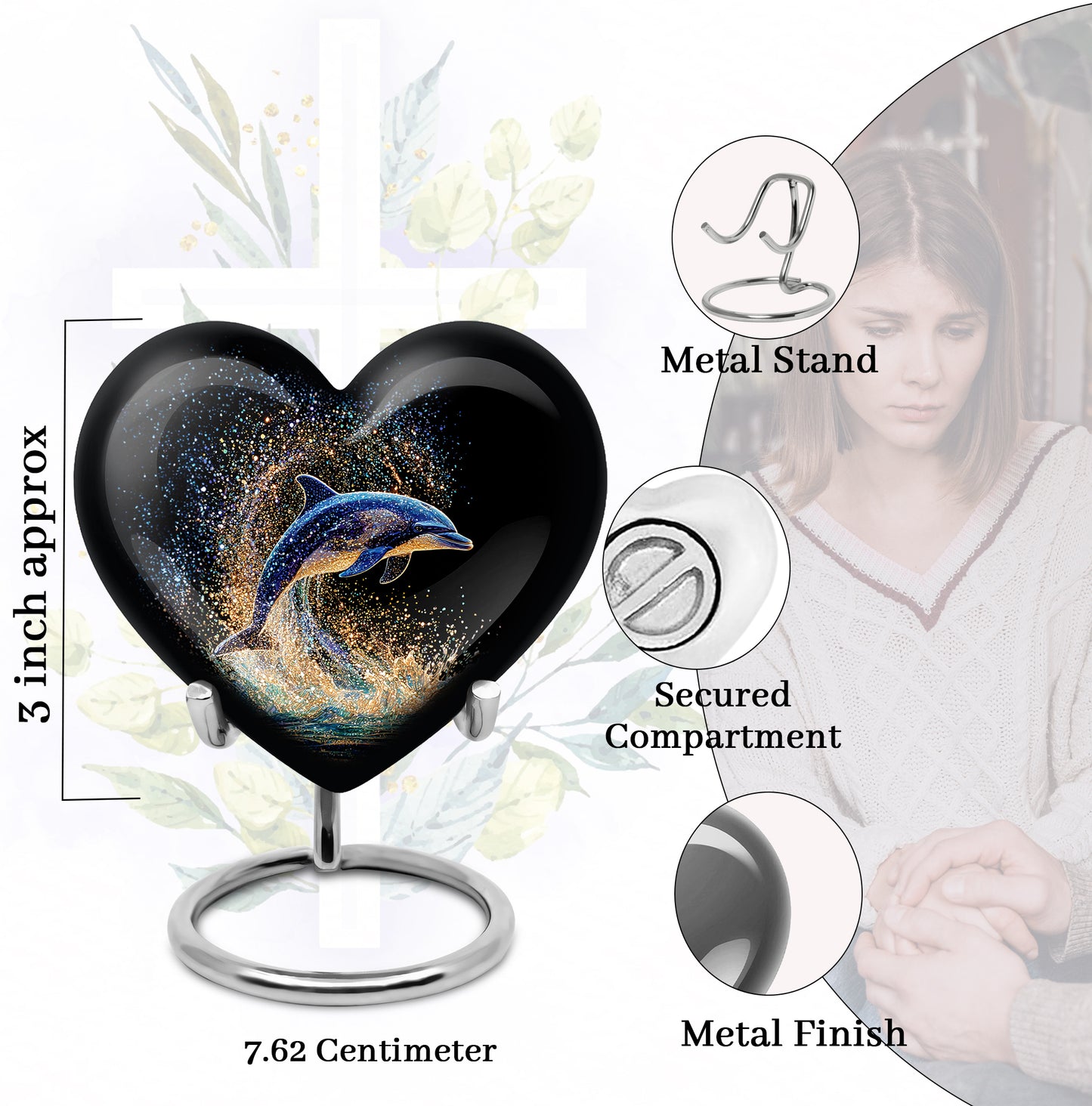 Glossy Black Dolphin Cremation Urn front view showing detailed design - loving heart memorial featuring dolphin pattern - mini keepsake memorial for portion of cremation ashes