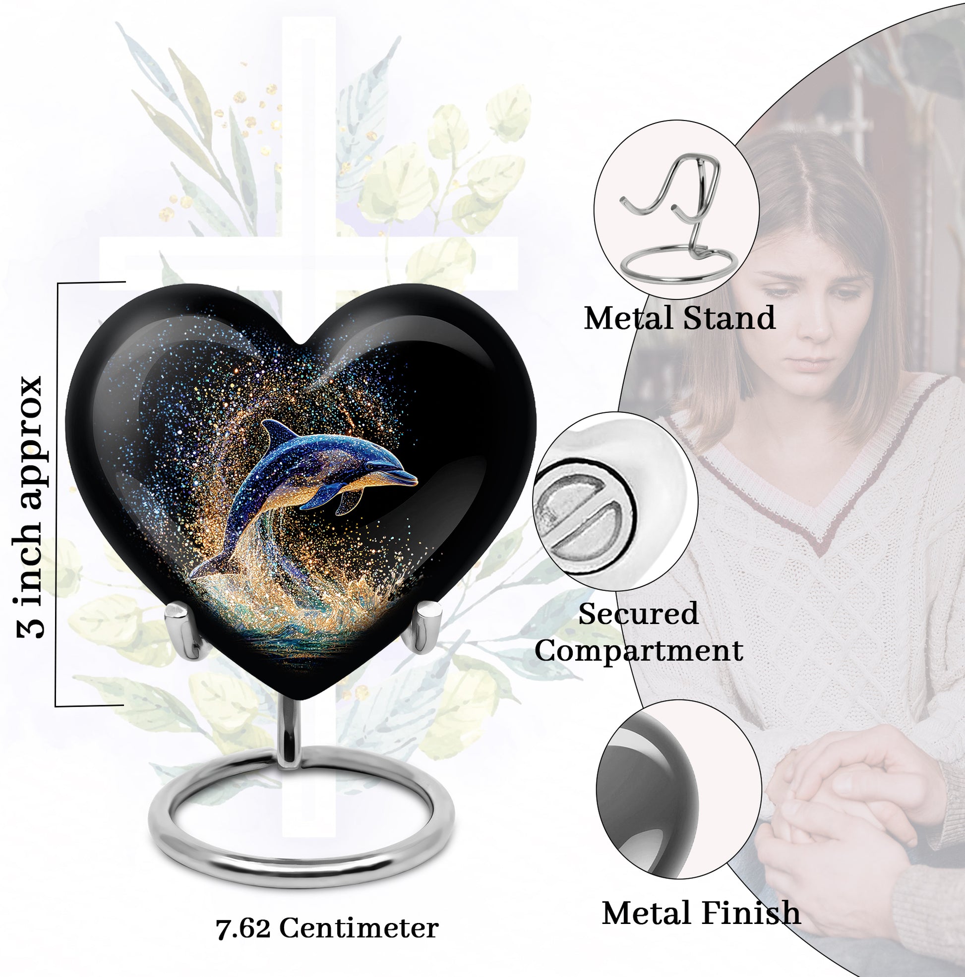 Glossy Black Dolphin Cremation Urn front view showing detailed design - loving heart memorial featuring dolphin pattern - mini keepsake memorial for portion of cremation ashes