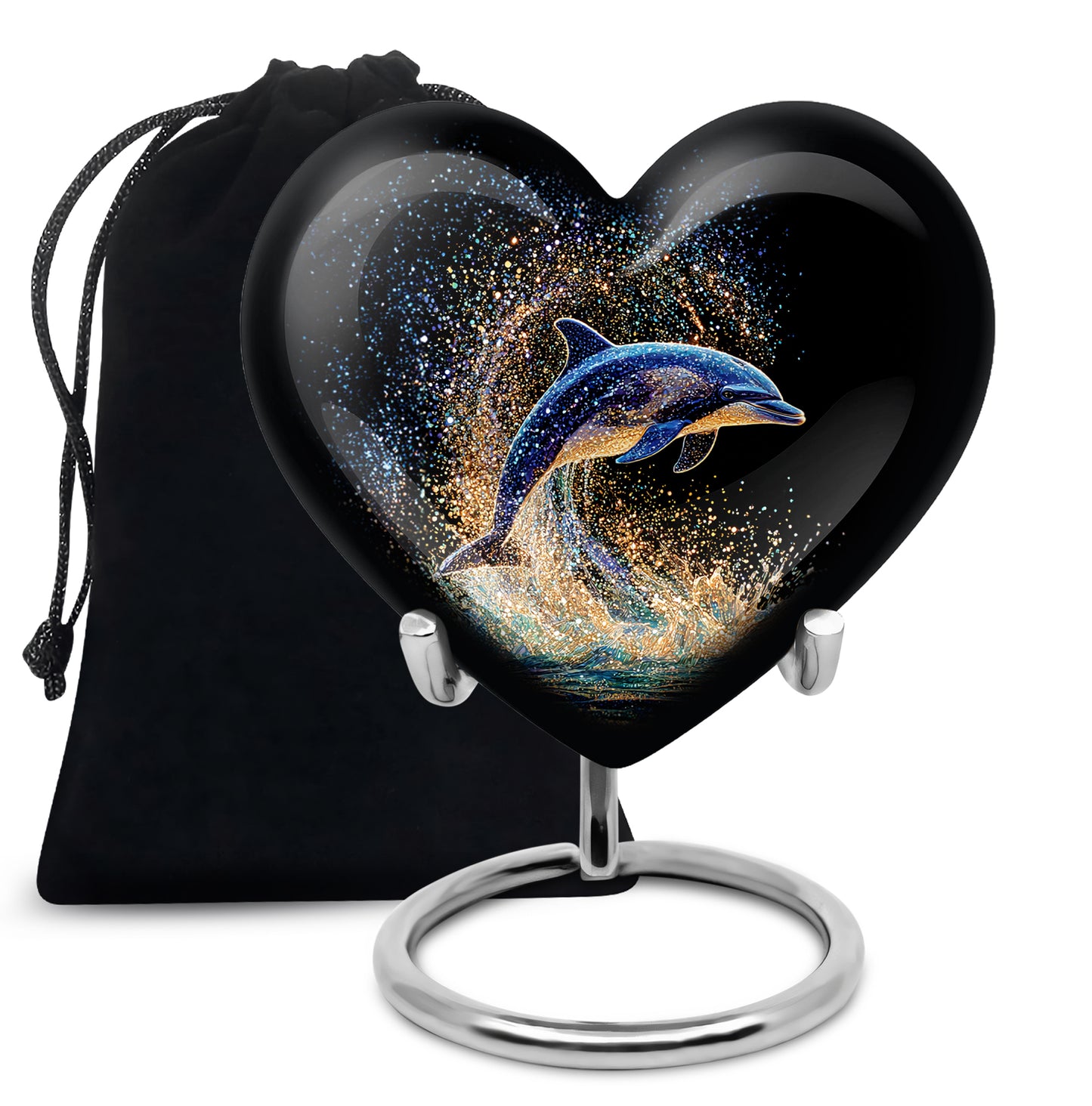 Glossy Black Dolphin Cremation Urn detail view - heart-shaped dolphin design symbolizing eternal love - full-size 10 inch 200 cubic inch adult cremation urn
