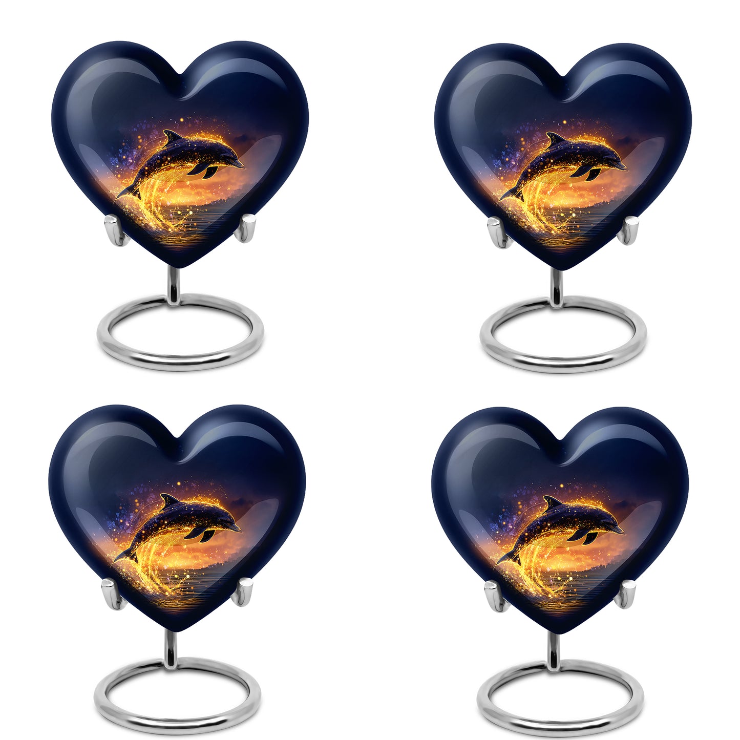 Serene Blue Dolphin Cremation Urn angled view of lid and engraved motif - compassionate heart-dolphin combination with gentle curves - 10 inch aluminum urn for cremated remains