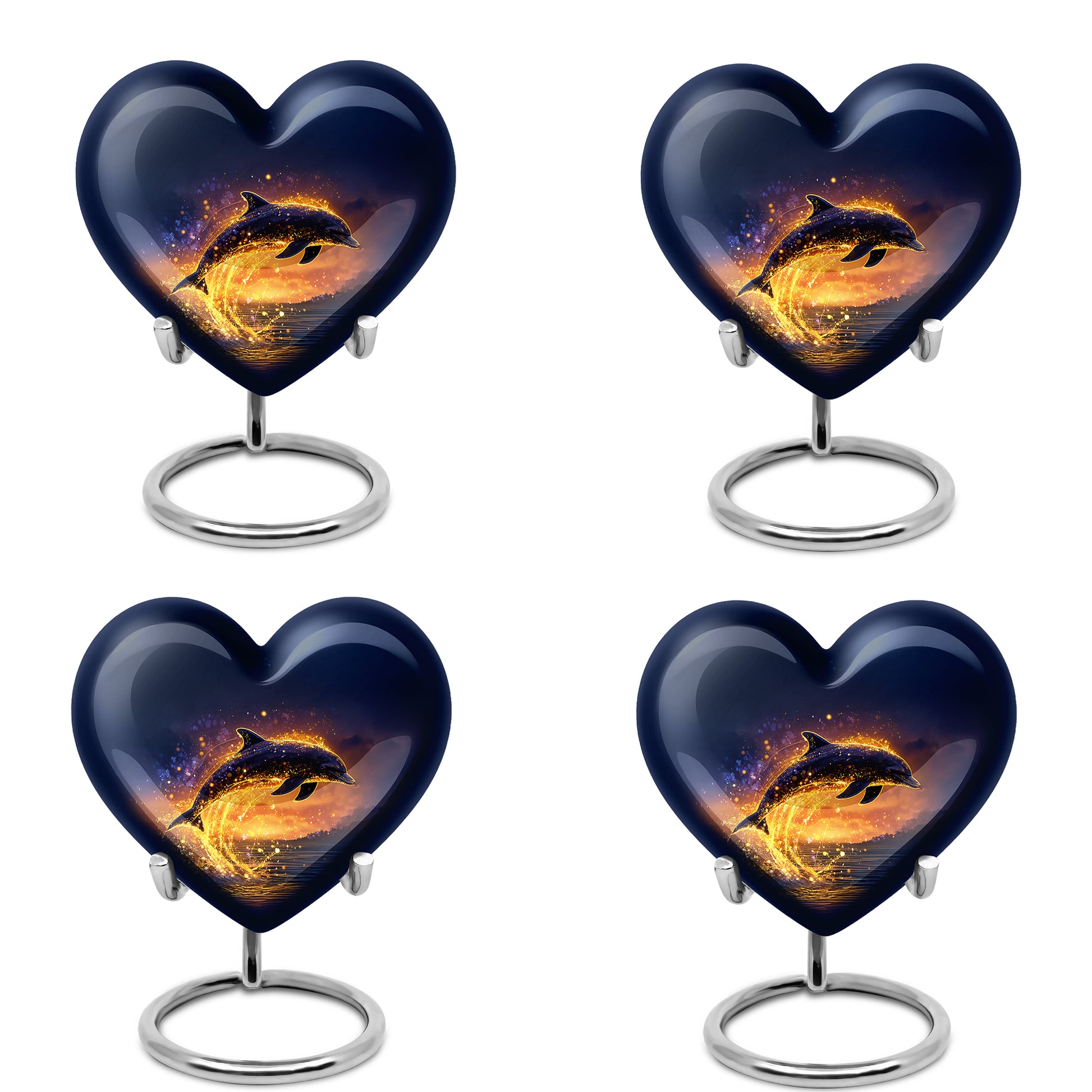 Serene Blue Dolphin Cremation Urn angled view of lid and engraved motif - compassionate heart-dolphin combination with gentle curves - 10 inch aluminum urn for cremated remains