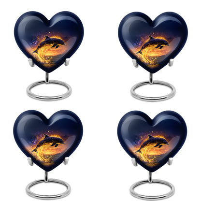 Serene Blue Dolphin Cremation Urn angled view of lid and engraved motif - compassionate heart-dolphin combination with gentle curves - 10 inch aluminum urn for cremated remains