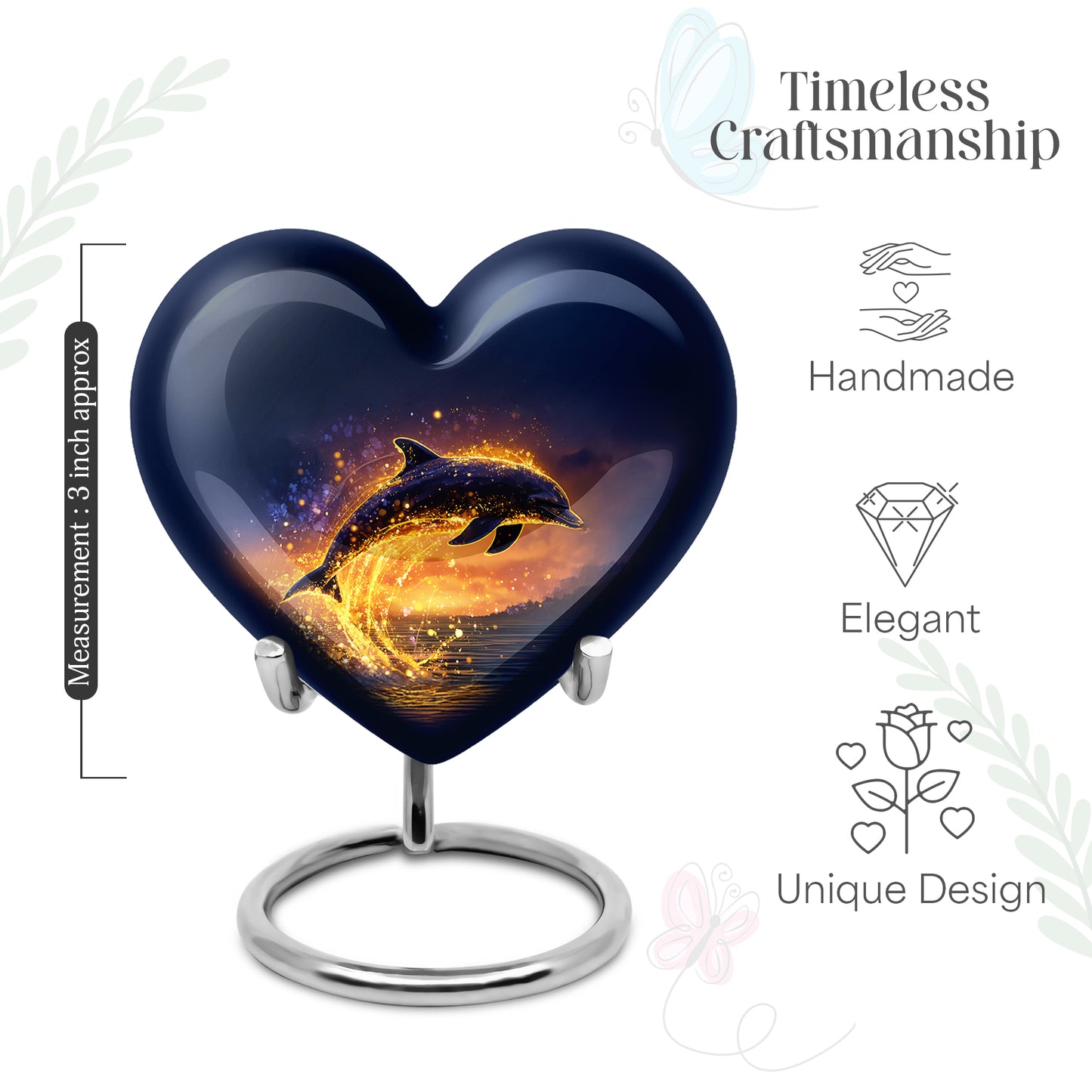 Misty Blue Dolphin Cremation Urn front view showing detailed design - heart-shaped dolphin design symbolizing eternal love - mini keepsake memorial for portion of cremation ashes