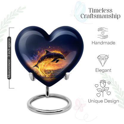 Misty Blue Dolphin Cremation Urn front view showing detailed design - heart-shaped dolphin design symbolizing eternal love - mini keepsake memorial for portion of cremation ashes