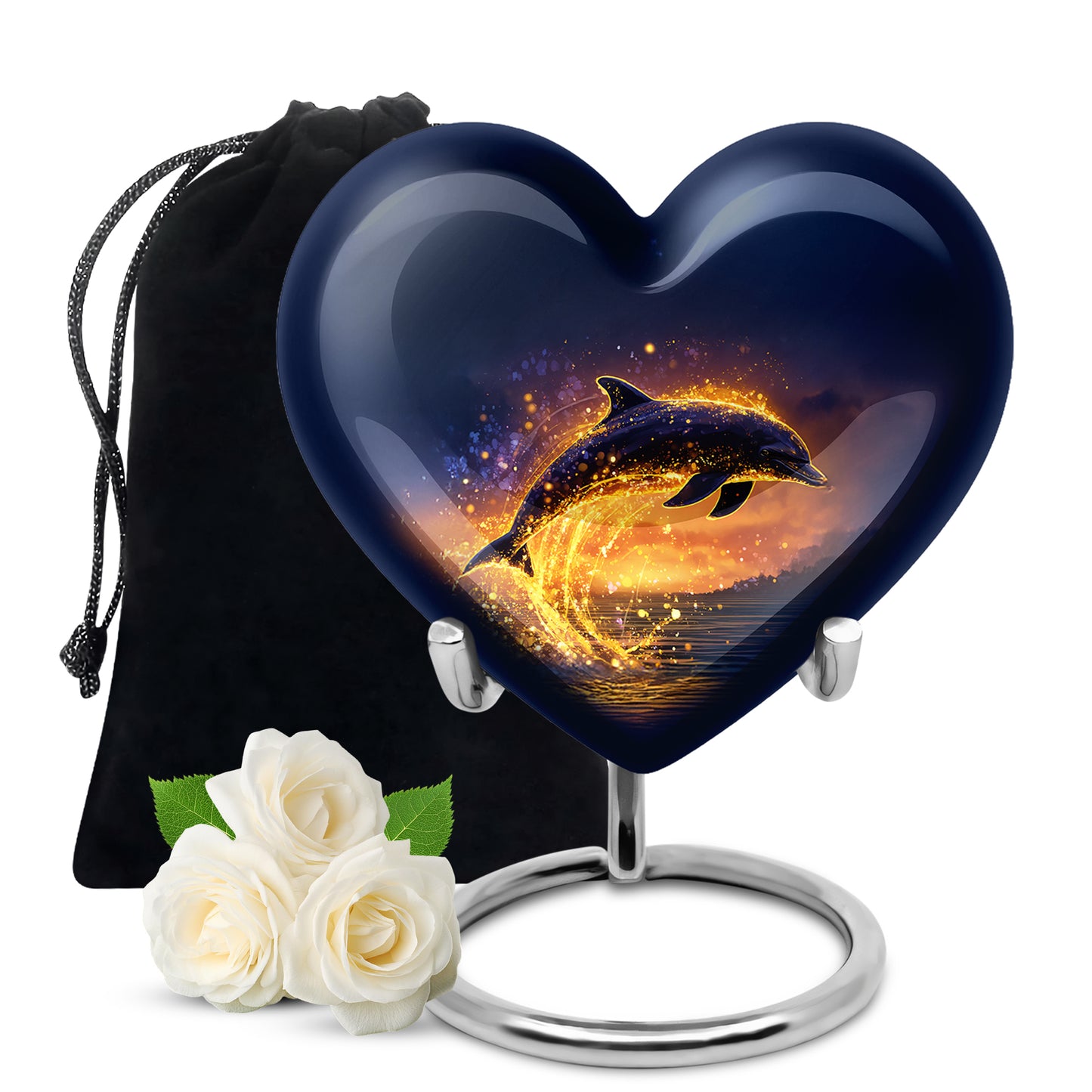 Cornflower Blue Dolphin Cremation Urn detail view - compassionate heart-dolphin combination with gentle curves - full-size 10 inch 200 cubic inch adult cremation urn