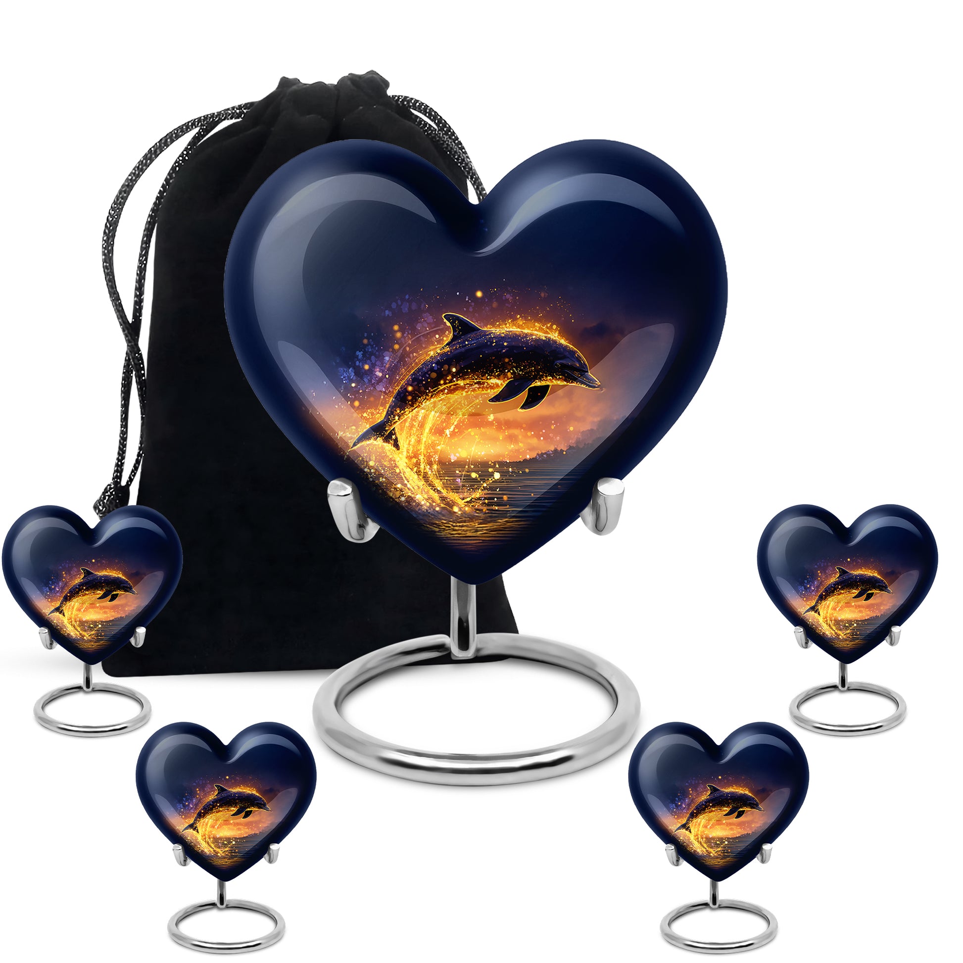 Sky Blue Dolphin Cremation Urn close-up of engraving and surface detail - loving heart memorial featuring dolphin pattern - memorial set with one large and four small urns