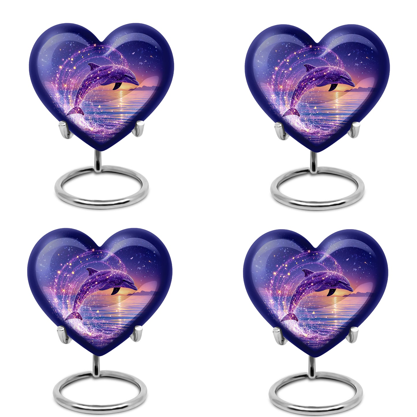Icy Blue Dolphin Cremation Urn angled view of lid and engraved motif - loving heart memorial featuring dolphin pattern - 10 inch aluminum urn for cremated remains