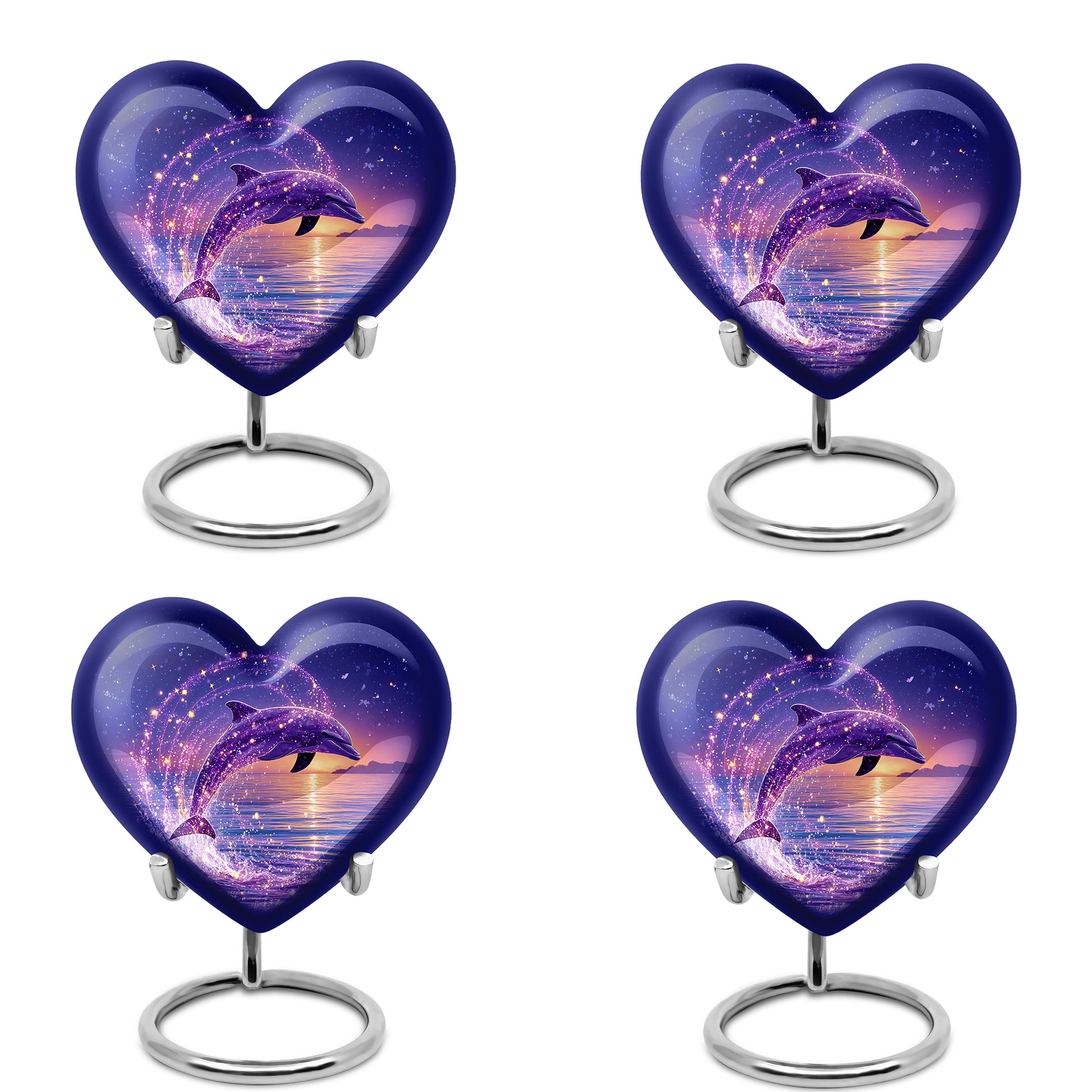 Icy Blue Dolphin Cremation Urn angled view of lid and engraved motif - loving heart memorial featuring dolphin pattern - 10 inch aluminum urn for cremated remains