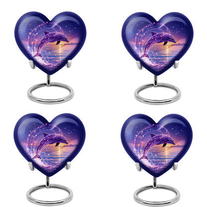 Icy Blue Dolphin Cremation Urn angled view of lid and engraved motif - loving heart memorial featuring dolphin pattern - 10 inch aluminum urn for cremated remains