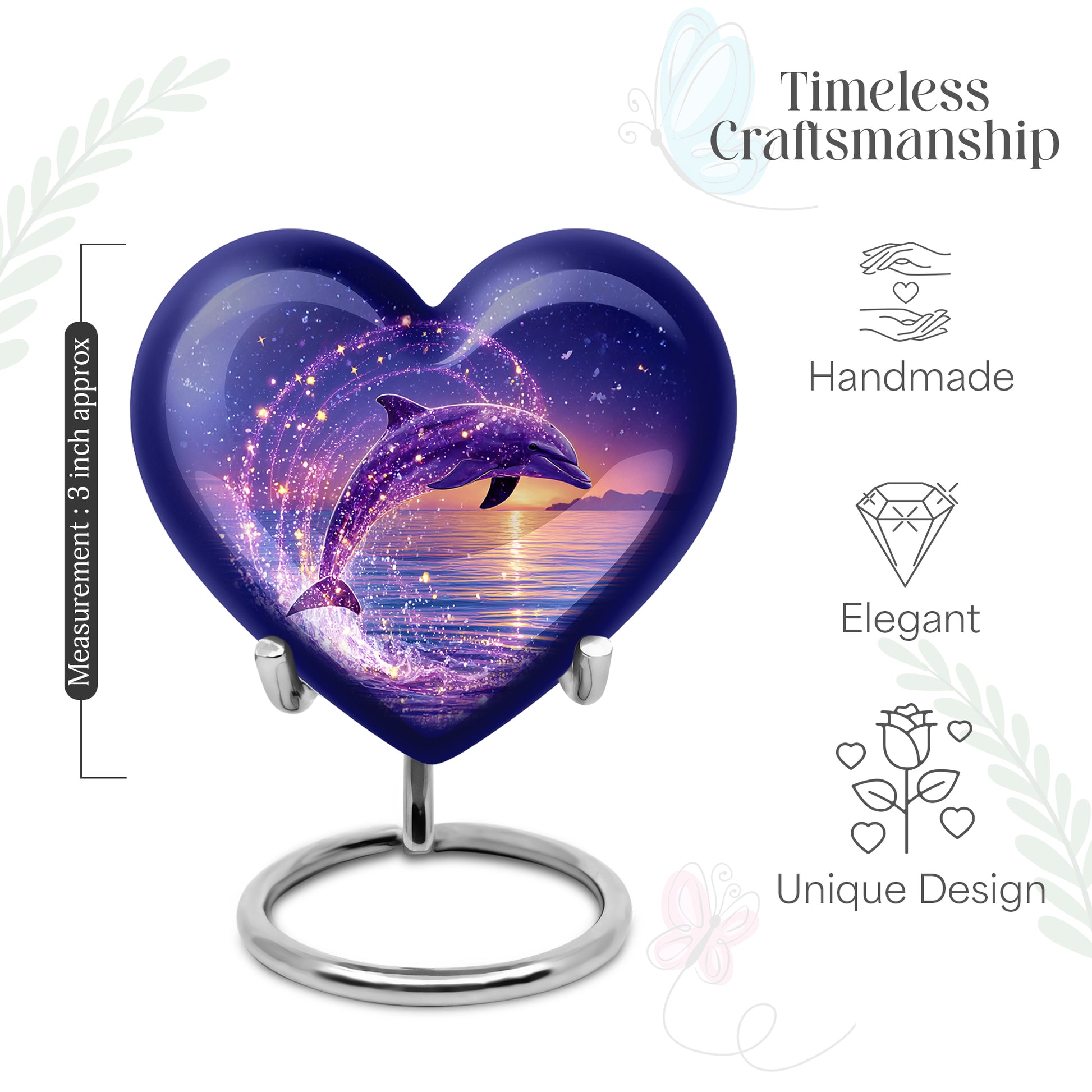 Calming Blue Dolphin Cremation Urn front view showing detailed design - compassionate heart-dolphin combination with gentle curves - mini keepsake memorial for portion of cremation ashes