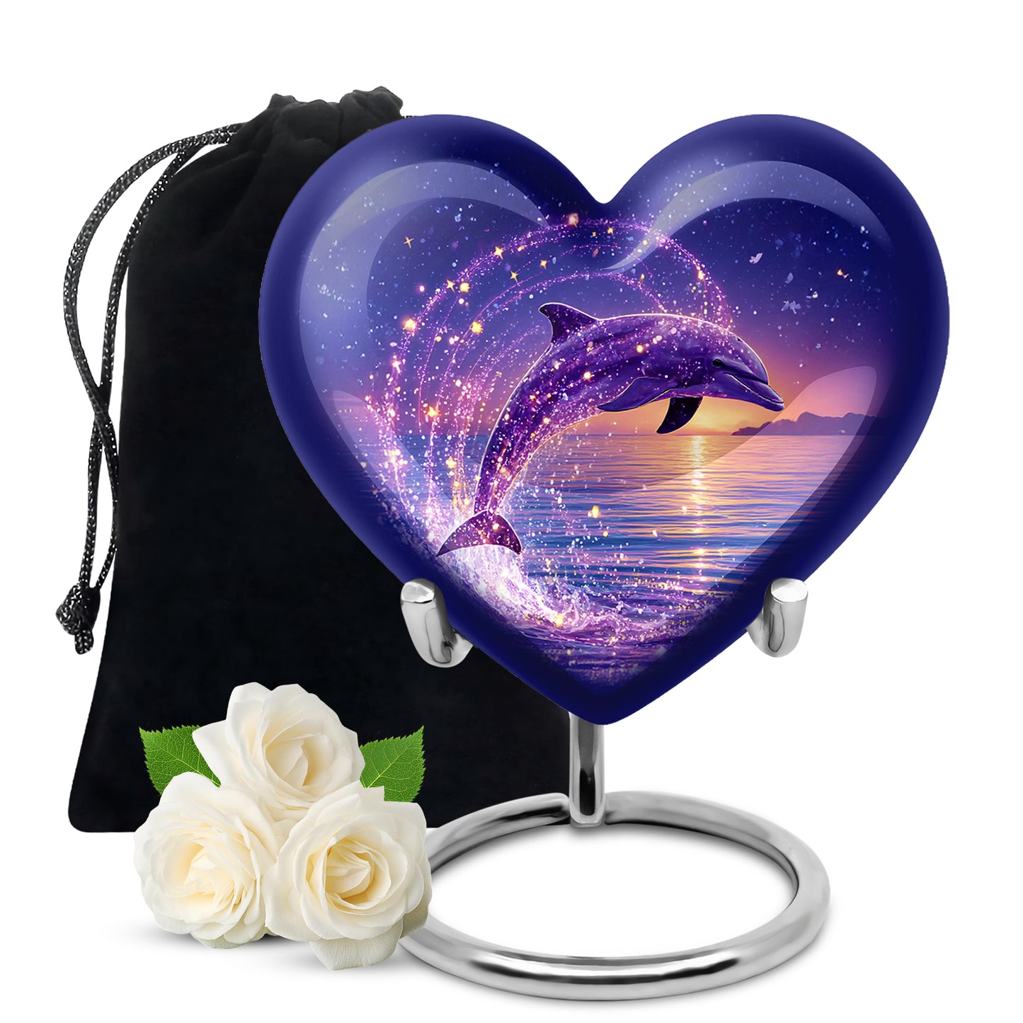 Celestial Blue Dolphin Cremation Urn detail view - loving heart memorial featuring dolphin pattern - full-size 10 inch 200 cubic inch adult cremation urn