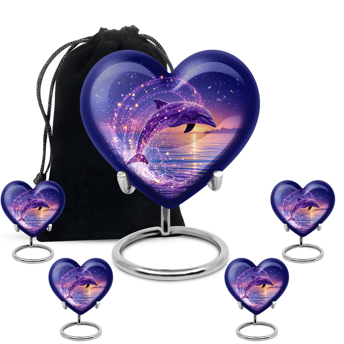Calming Blue Dolphin Cremation Urn close-up of engraving and surface detail - compassionate heart-dolphin combination with gentle curves - memorial set with one large and four small urns