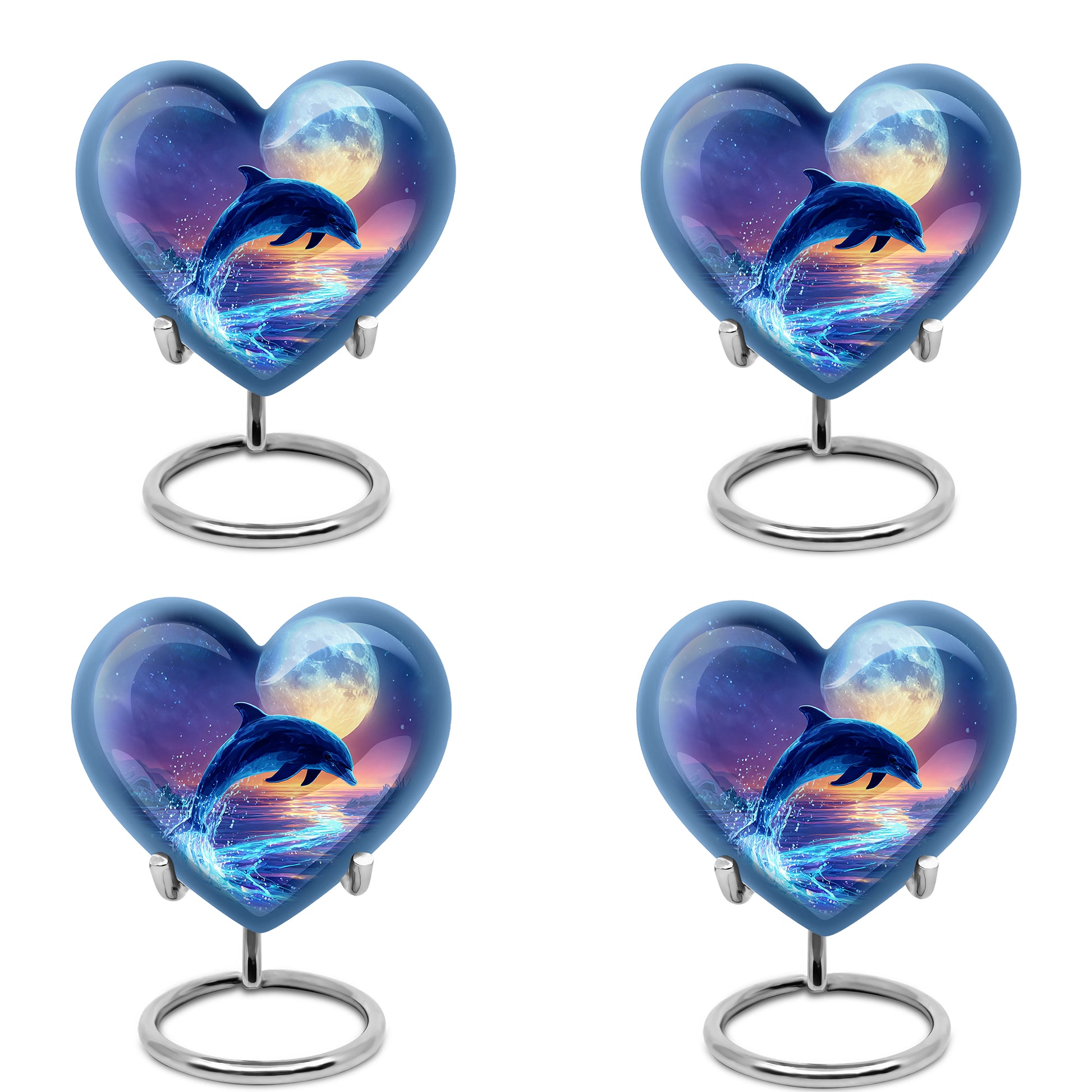 Azure Dolphin Cremation Urn angled view of lid and engraved motif - heart-shaped dolphin design symbolizing eternal love - 10 inch aluminum urn for cremated remains