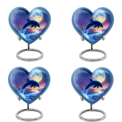 Azure Dolphin Cremation Urn angled view of lid and engraved motif - heart-shaped dolphin design symbolizing eternal love - 10 inch aluminum urn for cremated remains
