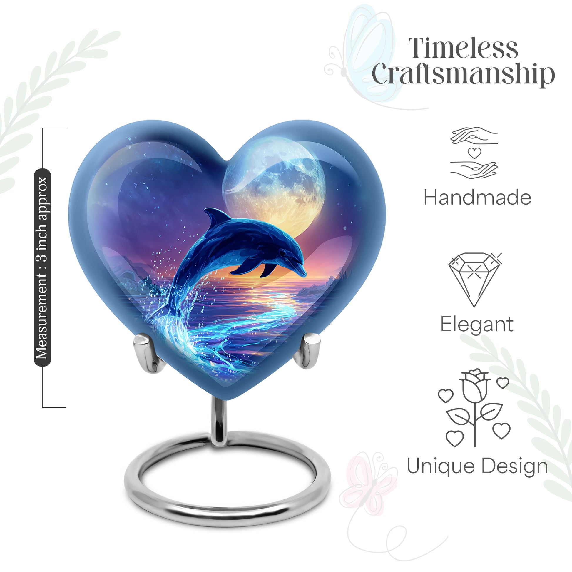 Navy Blue Dolphin Cremation Urn front view showing detailed design - loving heart memorial featuring dolphin pattern - mini keepsake memorial for portion of cremation ashes