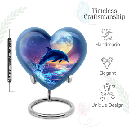 Navy Blue Dolphin Cremation Urn front view showing detailed design - loving heart memorial featuring dolphin pattern - mini keepsake memorial for portion of cremation ashes