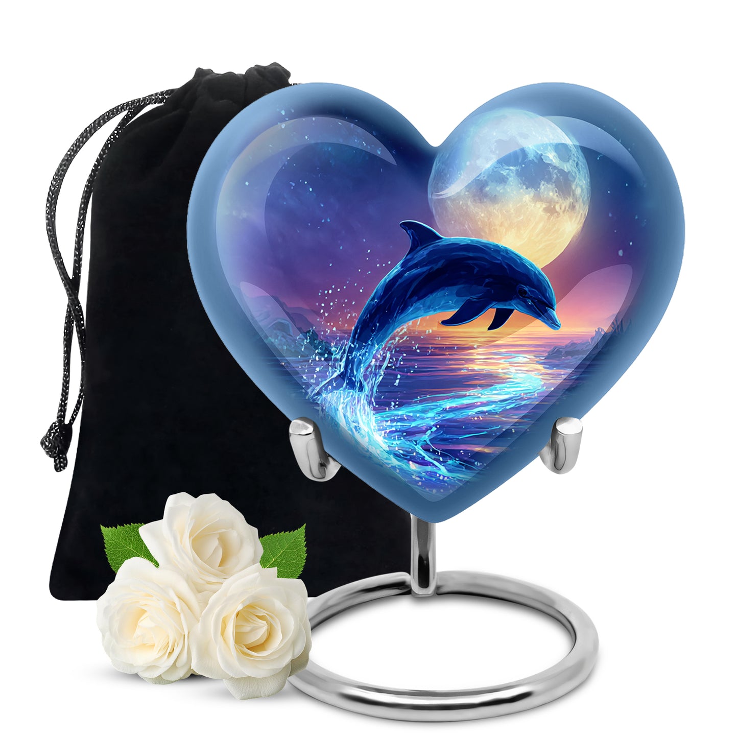Azure Dolphin Cremation Urn detail view - heart-shaped dolphin design symbolizing eternal love - full-size 10 inch 200 cubic inch adult cremation urn
