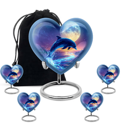 Steel Blue Dolphin Cremation Urn close-up of engraving and surface detail - compassionate heart-dolphin combination with gentle curves - memorial set with one large and four small urns
