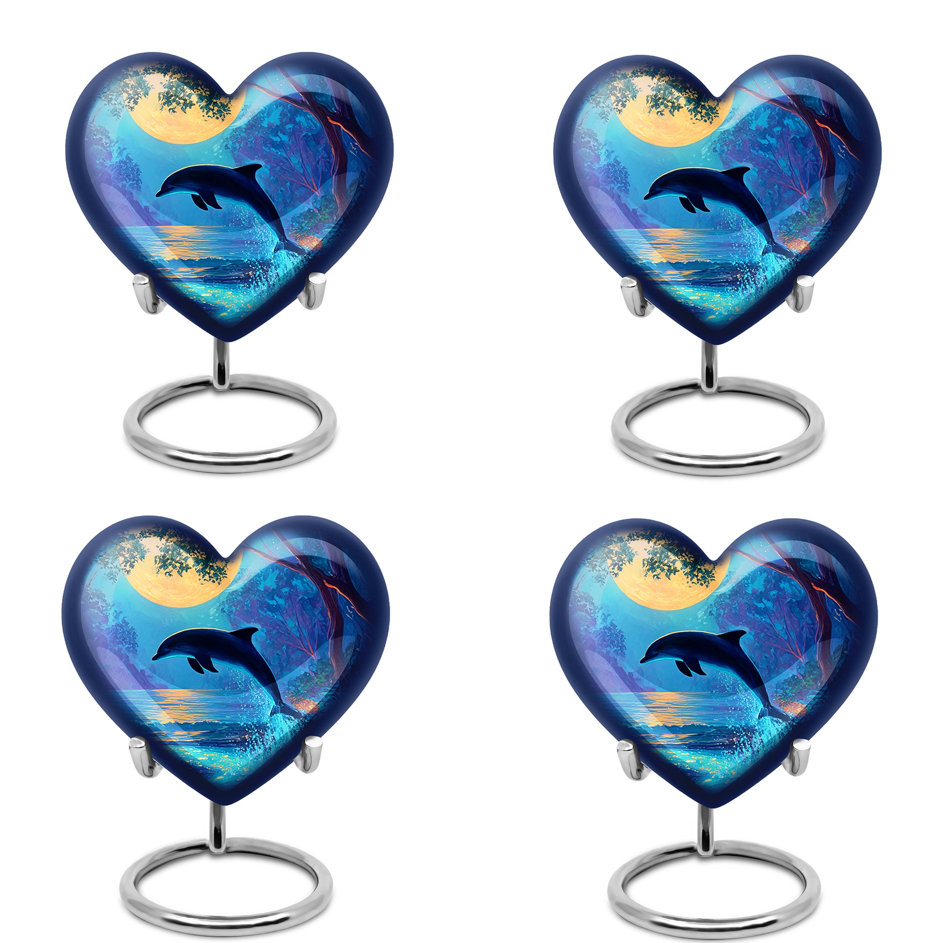 Cool Teal Dolphin Cremation Urn angled view of lid and engraved motif - heart-shaped dolphin design symbolizing eternal love - 10 inch aluminum urn for cremated remains