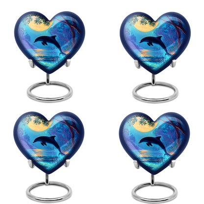Cool Teal Dolphin Cremation Urn angled view of lid and engraved motif - heart-shaped dolphin design symbolizing eternal love - 10 inch aluminum urn for cremated remains