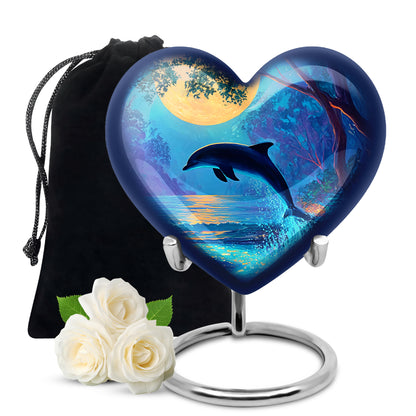 Mystic Teal Dolphin Cremation Urn detail view - romantic heart urn with dolphin motif on aluminum - full-size 10 inch 200 cubic inch adult cremation urn