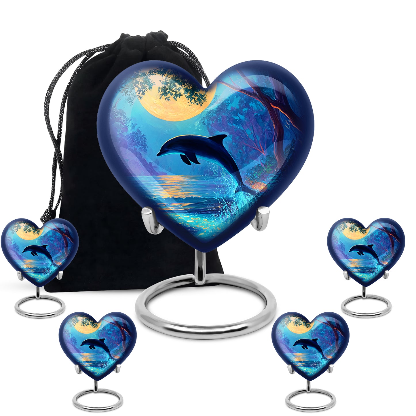 Aqua Teal Dolphin Cremation Urn close-up of engraving and surface detail - romantic heart urn with dolphin motif on aluminum - memorial set with one large and four small urns