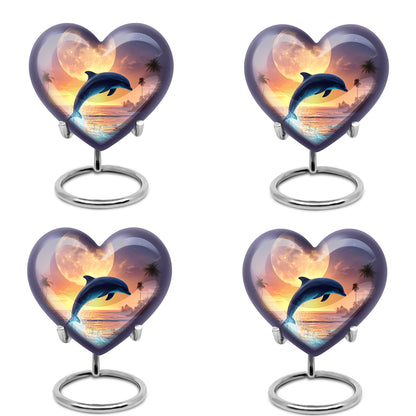 Ash Gray Dolphin Cremation Urn angled view of lid and engraved motif - romantic heart urn with dolphin motif on aluminum - 10 inch aluminum urn for cremated remains