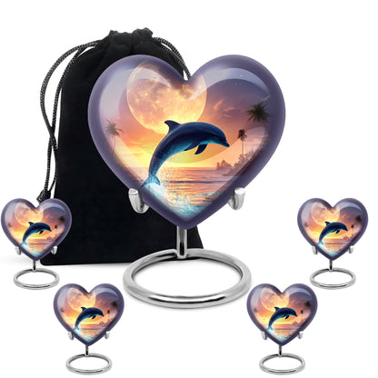 Smoke Gray Dolphin Cremation Urn close-up of engraving and surface detail - romantic heart urn with dolphin motif on aluminum - memorial set with one large and four small urns
