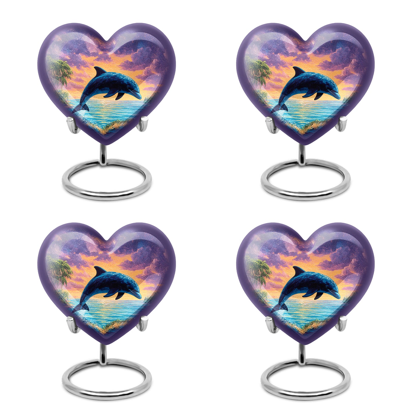 Vivid Blue Dolphin Cremation Urn angled view of lid and engraved motif - compassionate heart-dolphin combination with gentle curves - 10 inch aluminum urn for cremated remains