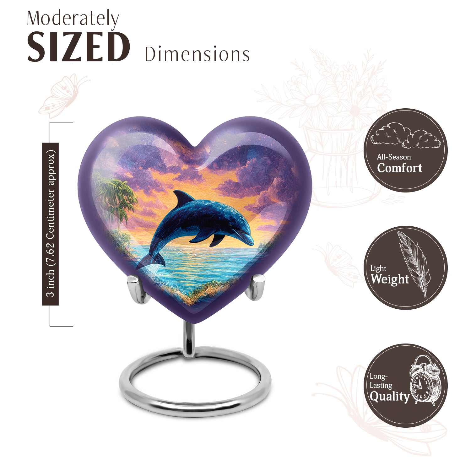 Vivid Blue Dolphin Cremation Urn front view showing detailed design - romantic heart urn with dolphin motif on aluminum - mini keepsake memorial for portion of cremation ashes