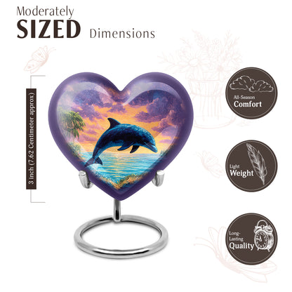 Vivid Blue Dolphin Cremation Urn front view showing detailed design - romantic heart urn with dolphin motif on aluminum - mini keepsake memorial for portion of cremation ashes