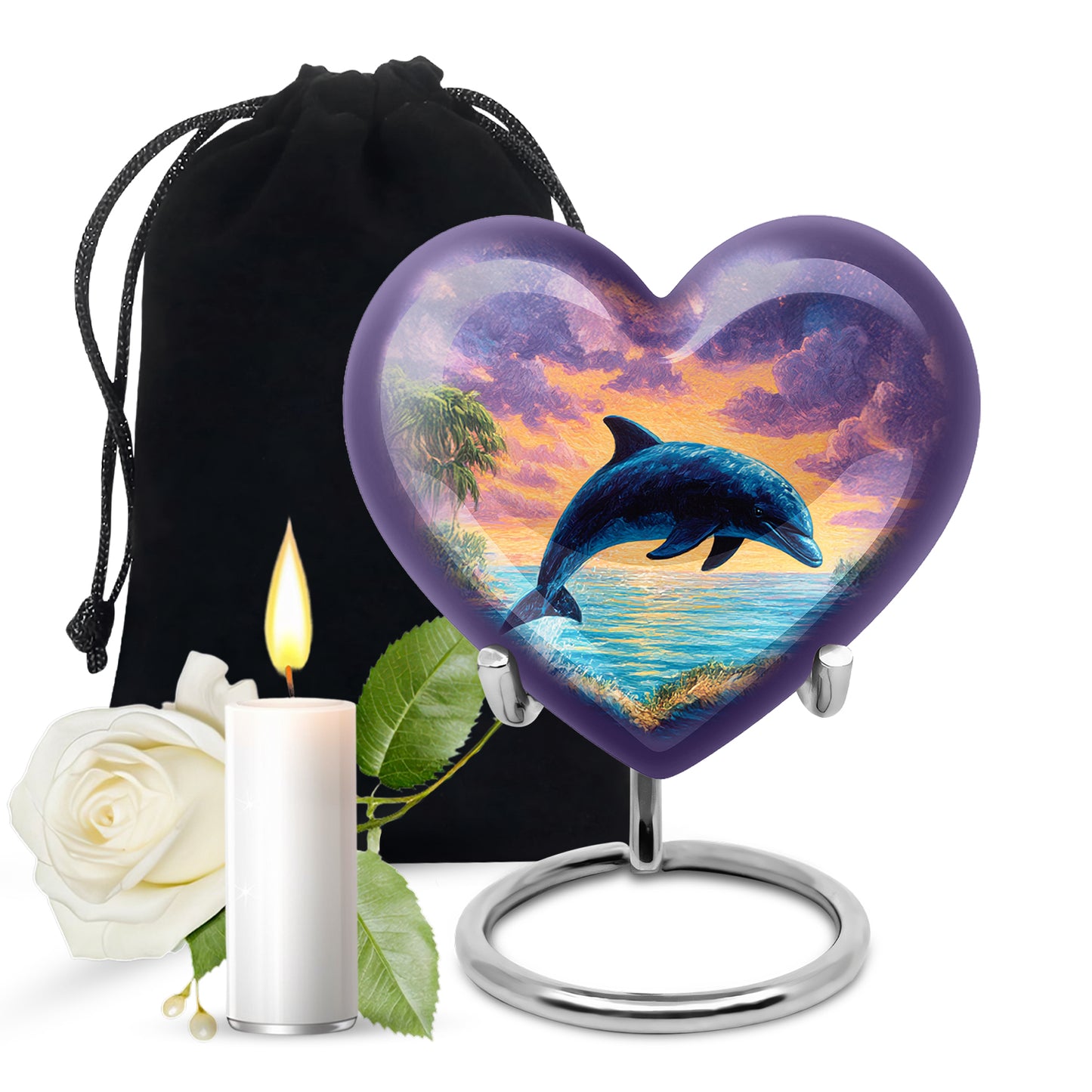 Steel Blue Dolphin Cremation Urn detail view - compassionate heart-dolphin combination with gentle curves - full-size 10 inch 200 cubic inch adult cremation urn