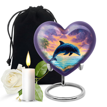 Steel Blue Dolphin Cremation Urn detail view - compassionate heart-dolphin combination with gentle curves - full-size 10 inch 200 cubic inch adult cremation urn