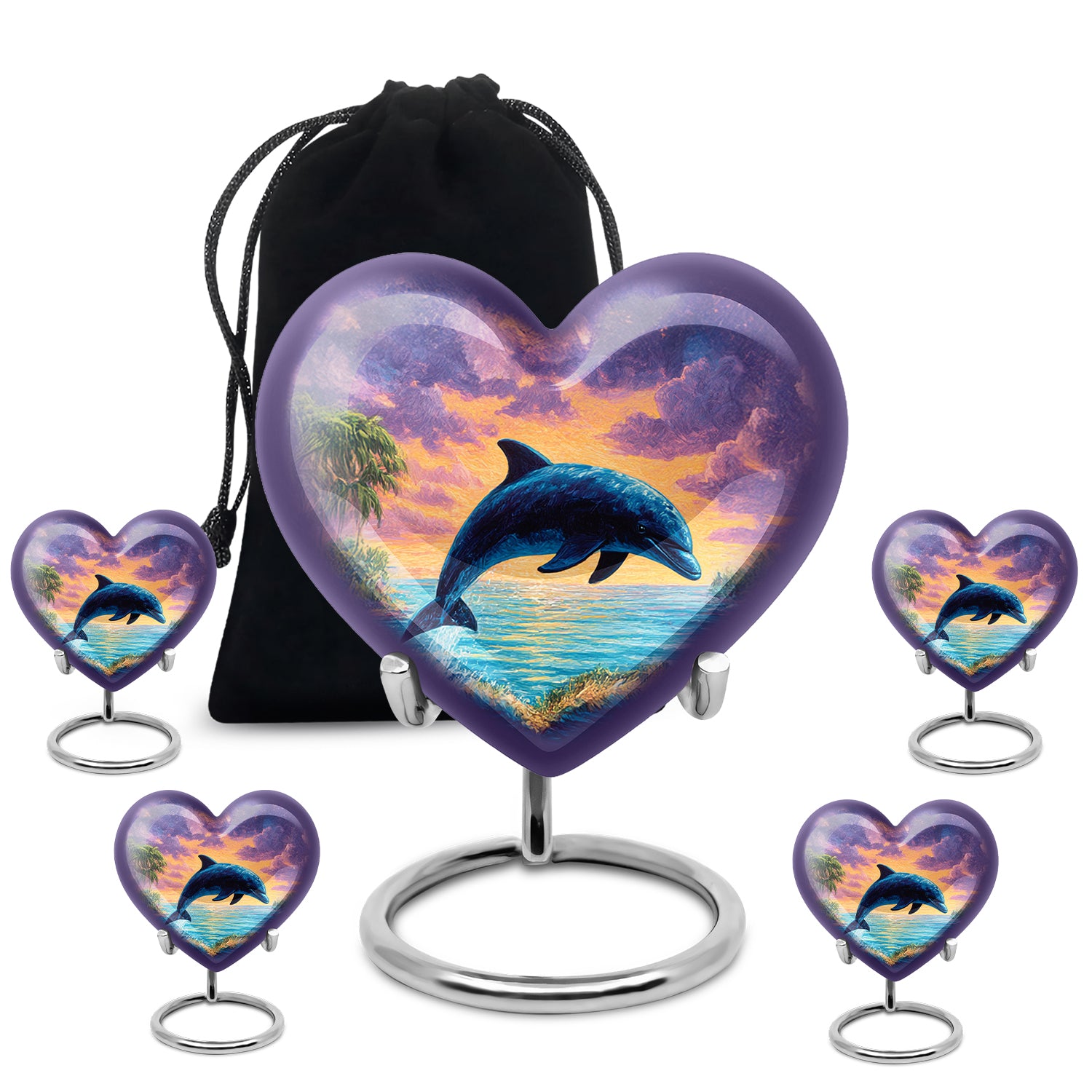 Soft Blue Dolphin Cremation Urn close-up of engraving and surface detail - romantic heart urn with dolphin motif on aluminum - memorial set with one large and four small urns