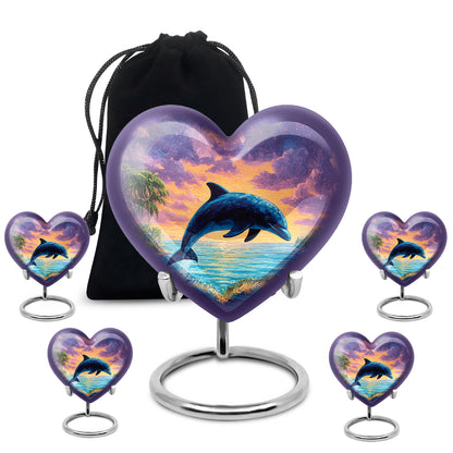 Soft Blue Dolphin Cremation Urn close-up of engraving and surface detail - romantic heart urn with dolphin motif on aluminum - memorial set with one large and four small urns