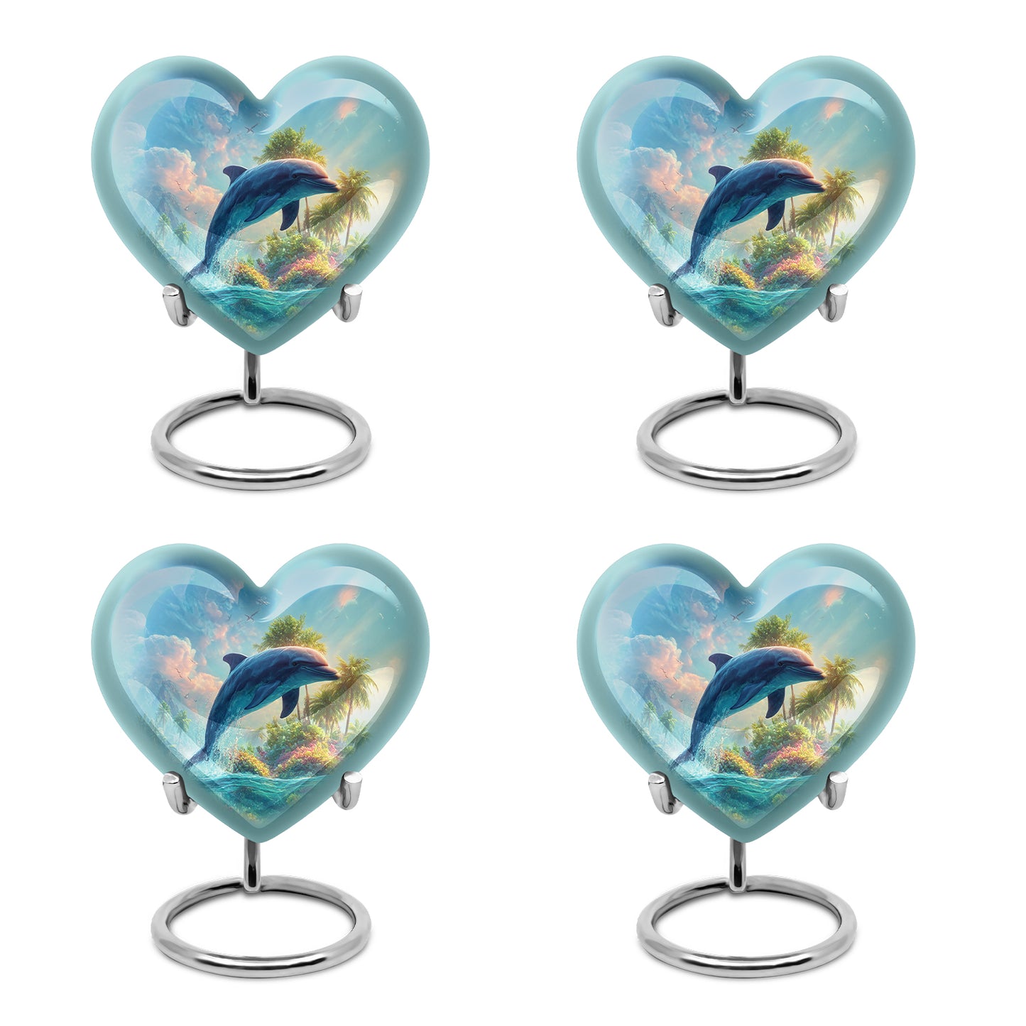 Celestial Blue Dolphin Cremation Urn angled view of lid and engraved motif - loving heart memorial featuring dolphin pattern - 10 inch aluminum urn for cremated remains