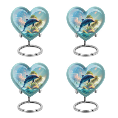Celestial Blue Dolphin Cremation Urn angled view of lid and engraved motif - loving heart memorial featuring dolphin pattern - 10 inch aluminum urn for cremated remains