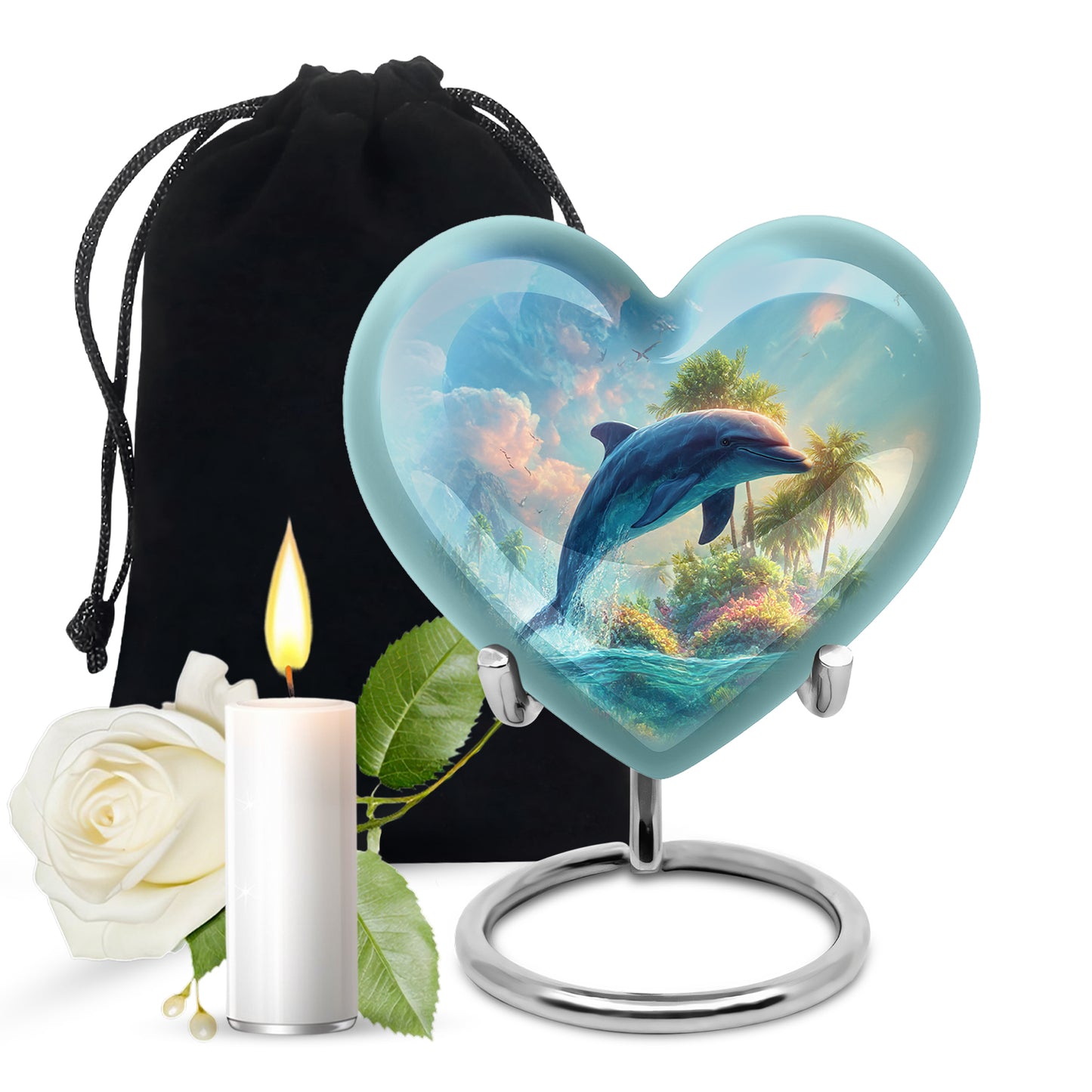 Slate Blue Dolphin Cremation Urn detail view - loving heart memorial featuring dolphin pattern - full-size 10 inch 200 cubic inch adult cremation urn