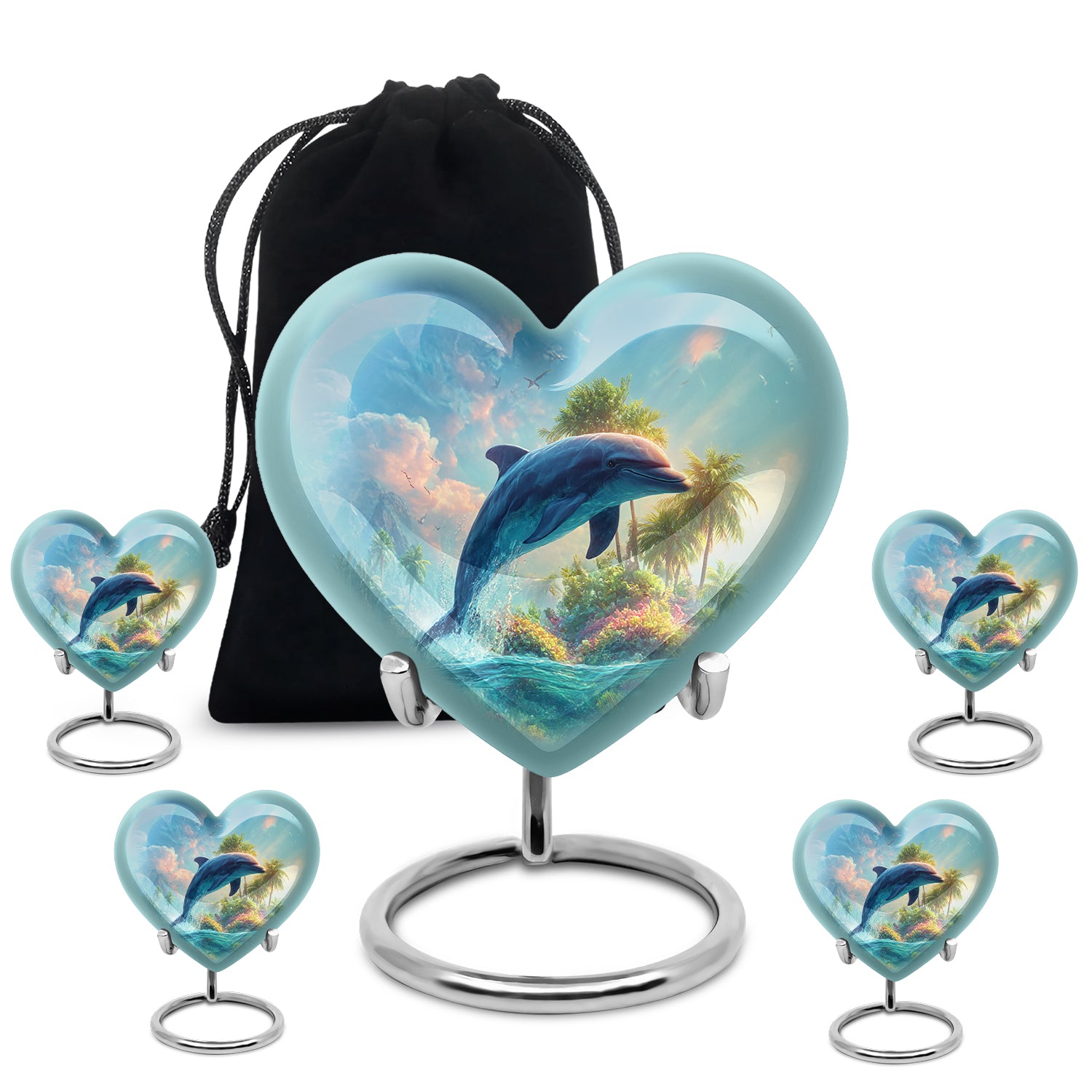 Powder Blue Dolphin Cremation Urn close-up of engraving and surface detail - loving heart memorial featuring dolphin pattern - memorial set with one large and four small urns