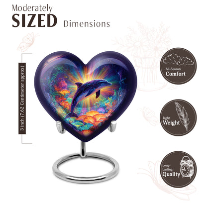 Soft Pink Dolphin Cremation Urn front view showing detailed design - romantic heart urn with dolphin motif on aluminum - mini keepsake memorial for portion of cremation ashes
