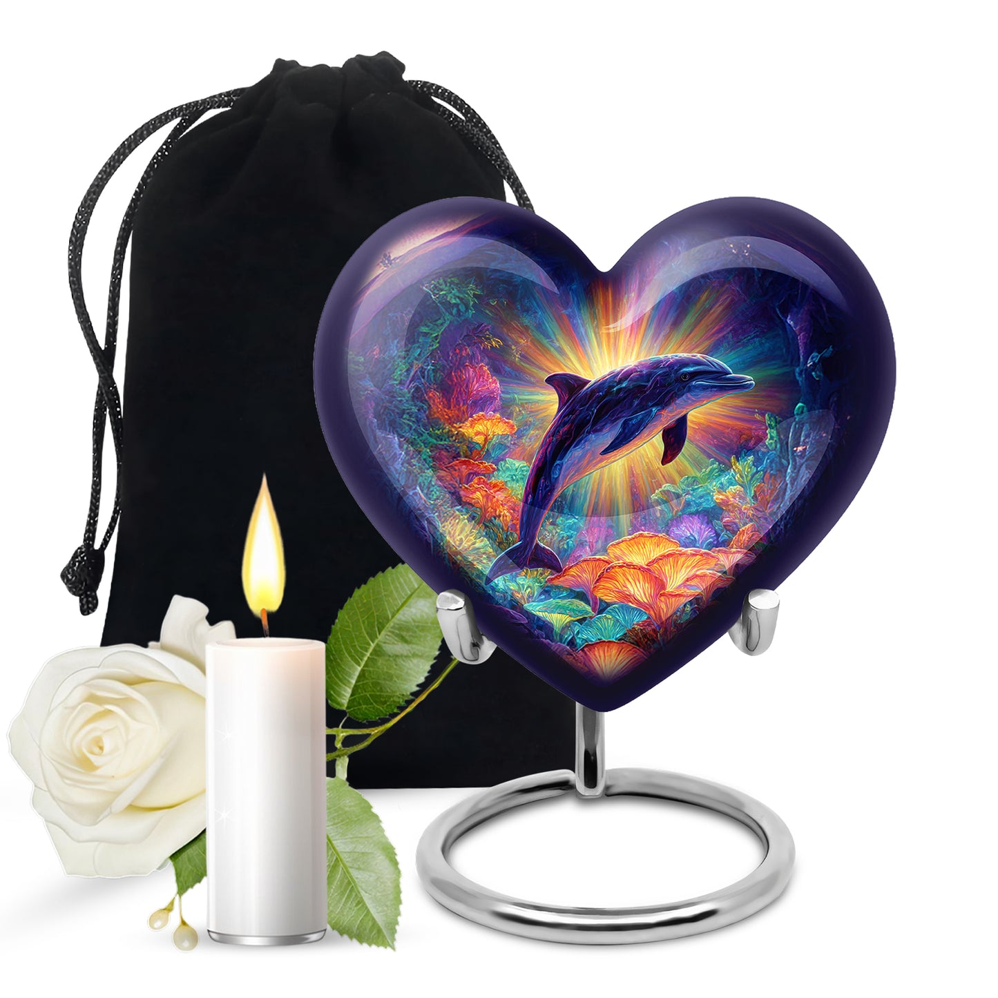 Blush Pink Dolphin Cremation Urn detail view - loving heart memorial featuring dolphin pattern - full-size 10 inch 200 cubic inch adult cremation urn