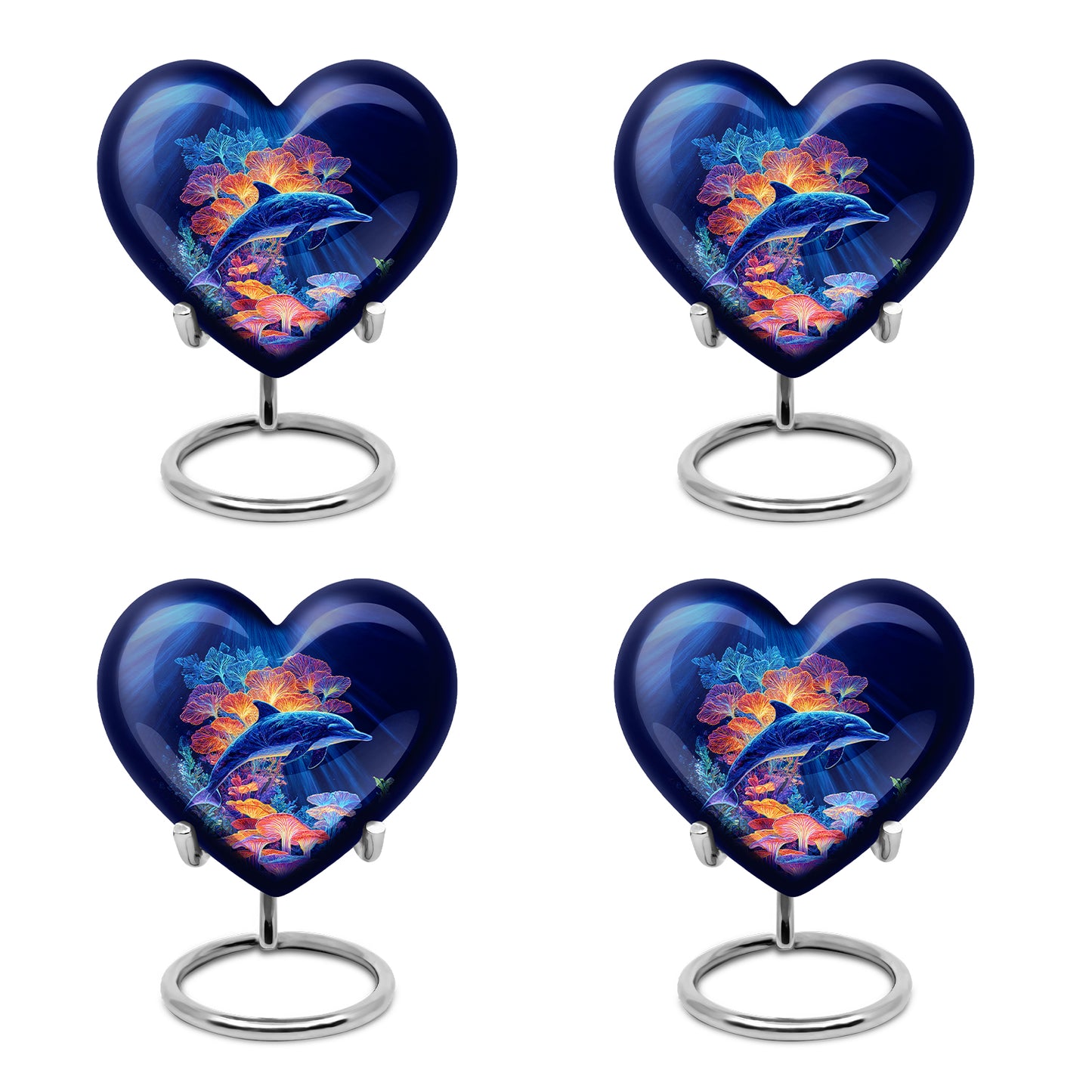 Celestial Blue Dolphin Cremation Urn angled view of lid and engraved motif - loving heart memorial featuring dolphin pattern - 10 inch aluminum urn for cremated remains